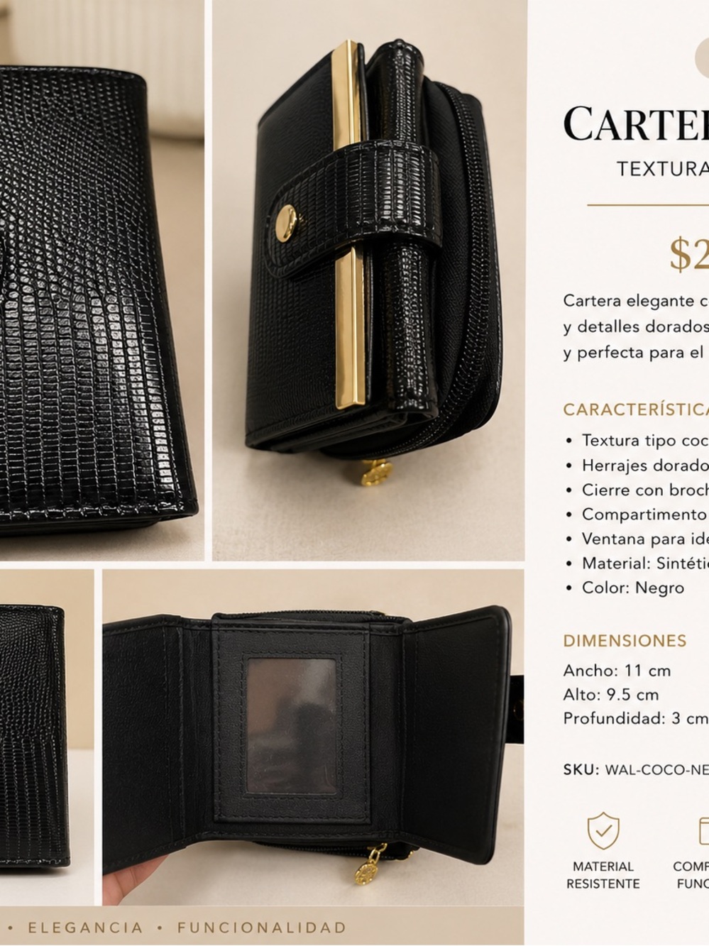 Textured Black Women’s Wallet with Gold Trim